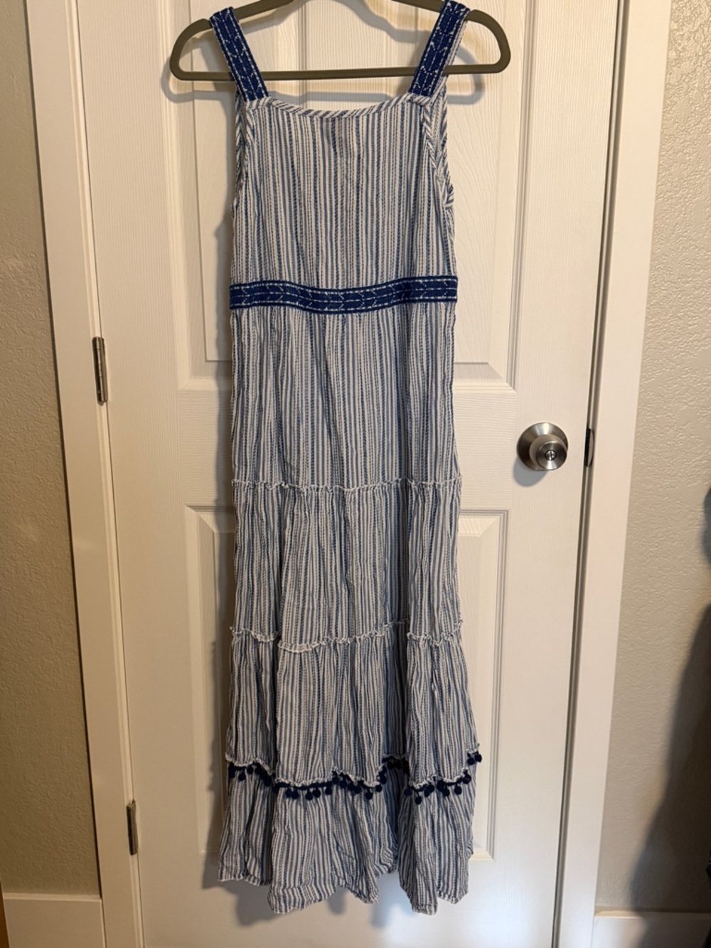 AREA Stars Blue White Striped Tiered Dress Size L Boho Summer Maxi Sundress - Picture 6 of 6